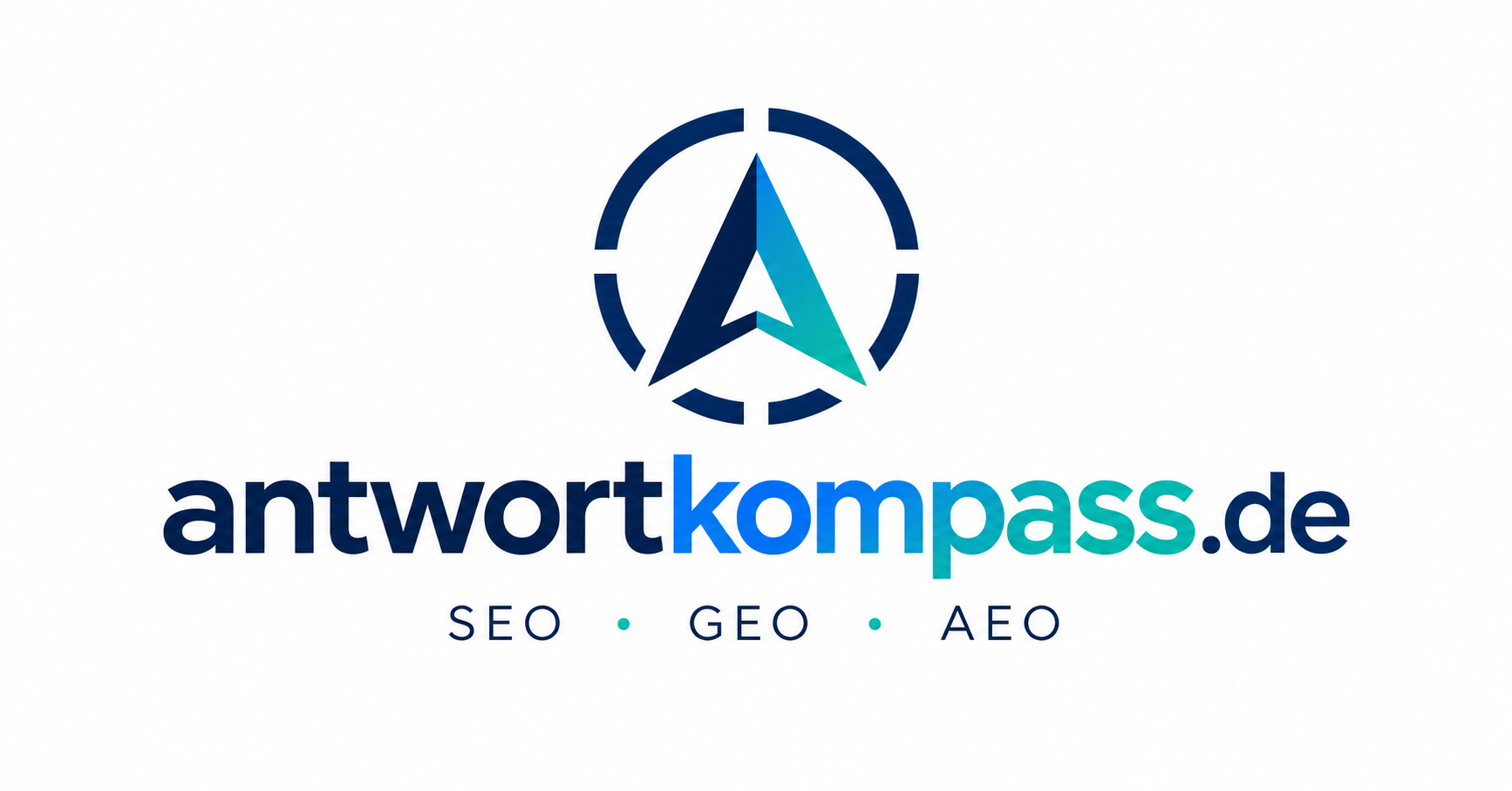 Logo von antwortkompass.de mit Kompasssymbol in Dunkelblau, Blau und Türkis sowie dem Schriftzug „antwortkompass.de“ und den Themen SEO, GEO und AEO